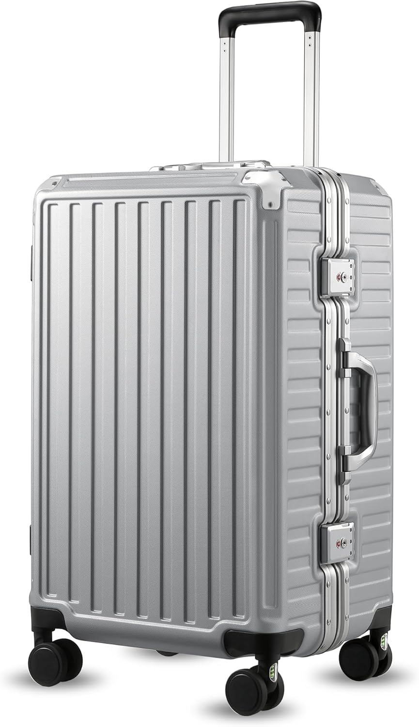 LUGGEX Checked Luggage with Spinner Wheels, 24 Inch Aluminum Frame Zipperless Polycarbonate Hard Shell Suitcase, Silver