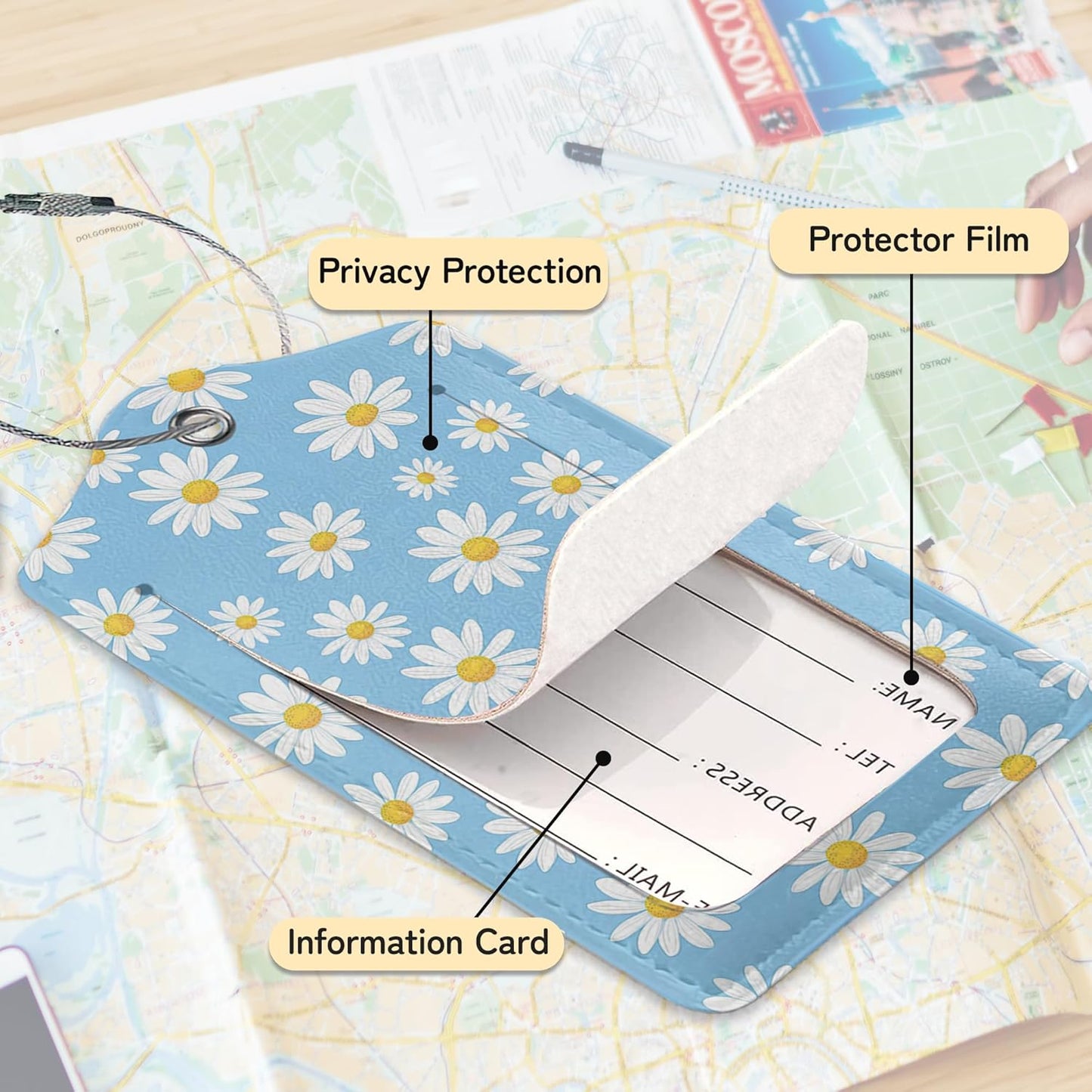 3 PCS Vintage Groovy Flowers Luggage Tags,Suitcase Tags Privacy Cover ID Label with Stainless Steel Loop and Address Card for Travel Bag Suitcase