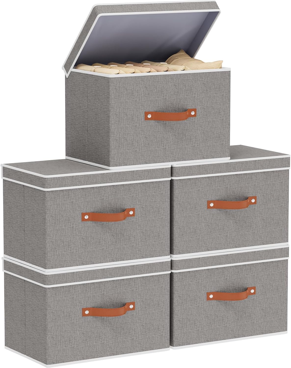 Collapsible Storage Bins with Lids, Linen Foldable Cloth Baskets, 17.7 x 11.8 x 11.8 Inch Closet Organizer Containers with Double Handles, Sweater Boxes for Bedroom, Grey, 5 Pack