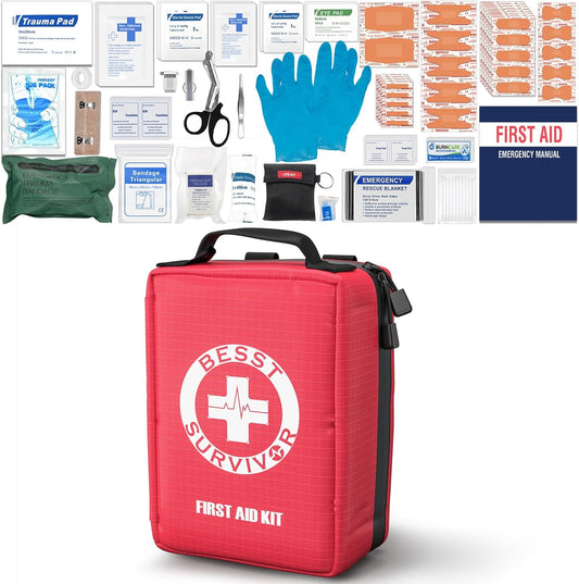 Premium First Aid Kit with Labelled Compartments, Emergency Survival Kit for Car, Home, Hiking and Travel – Compact Medical Kit for Roadside Emergencies, Outdoor Adventures, and Everyday Safety