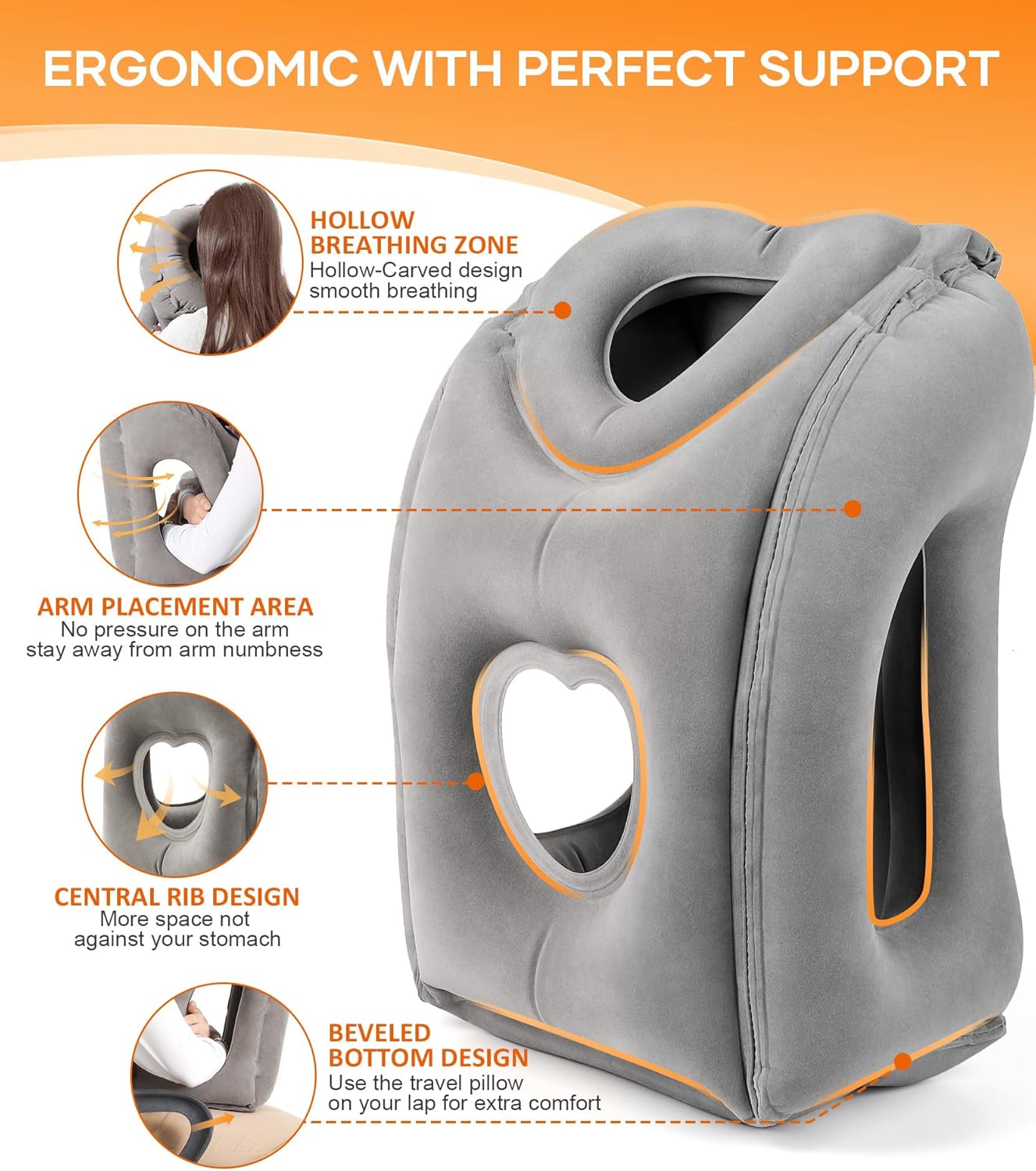 Sunany Travel Pillow, Upgraded Plane Pillow for Long Flights, Inflatable Neck Pillow Used for Airplanes,Cars,Buses,Trains,Office Napping with Eye Mask,Earplugs (Gray)