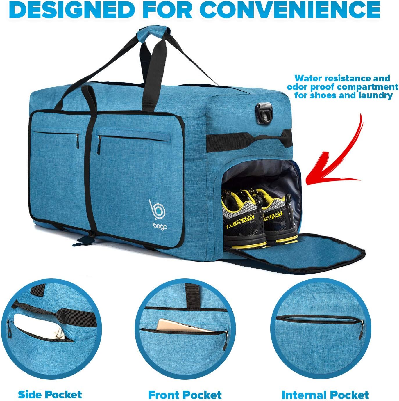 Bago Large Foldable Duffel Bags for Traveling Women & Men - 100L Packable Duffle Bag for Travel with Shoe Compartment - Water Repellant, Heavy Duty, Lightweight Folding & Collapsible (SnowBlue)