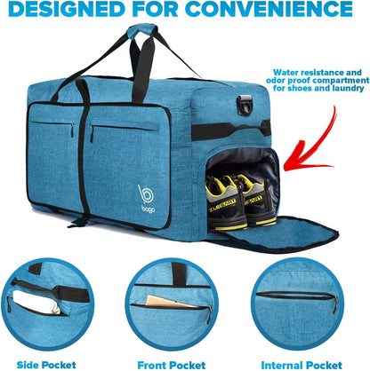 Bago Large Foldable Duffel Bags for Traveling Women & Men - 100L Packable Duffle Bag for Travel with Shoe Compartment - Water Repellant, Heavy Duty, Lightweight Folding & Collapsible (SnowBlue)