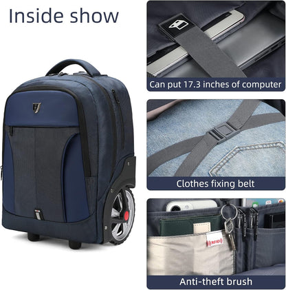 Rolling Backpack,Waterproof Backpack with Wheels for Business and Travel Commuter, Carry on Backpack with Laptop Compartment, Fit 17 Inch Laptop, Wheeled Backpack for Adults