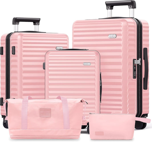 SHOWKOO Luggage Sets 3 Piece Hardside Expandable Suitcase with Double Spinner Wheels Tsa Lock, (Pink, 5 piece set)