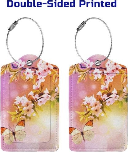 2 Packs Beautiful Spring Flowers PU Leather Luggage Tags Butterfly Suitcase Labels Bag Tags Cute Name ID Labels with Privacy Cover for Women Teen Girls Pink Yellow Background