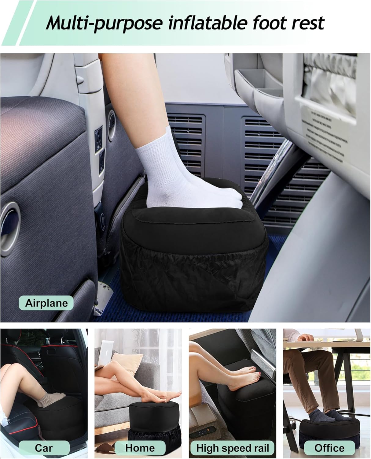 JefDiee Inflatable Travel Foot Rest Pillow, Kids Airplane Bed, Adjustable 3 Layers Height Leg Rest Pillow, Adults Travel Essentials Great for Airplane, Office, Home, Trains, Cars (Black)