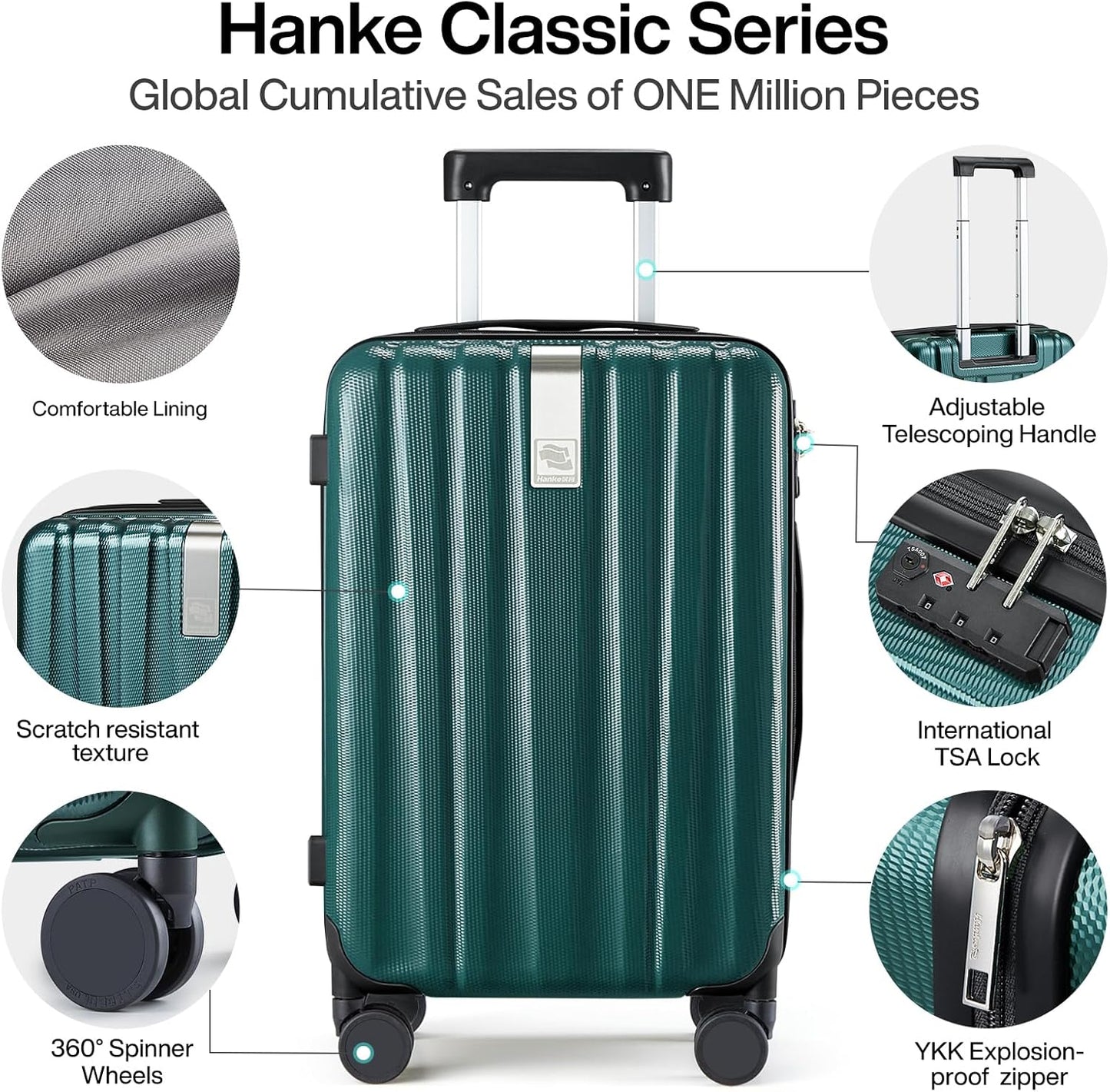 Hanke 24 Inch Luggage Suitcases With Spinner Wheels Lightweight PC Hard Shell Rolling Suitcase With Travel Lock,Checked-Medium 24-Inch(Blackish Green)