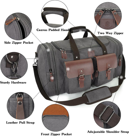 Canvas Duffle Bag for Men 50L Travel Duffel Bags Expandable Genuine Leather Duffel Overnight Weekender Carry On Bag Two Zipper Pockets Travel Bag (Grey, Large-50L)