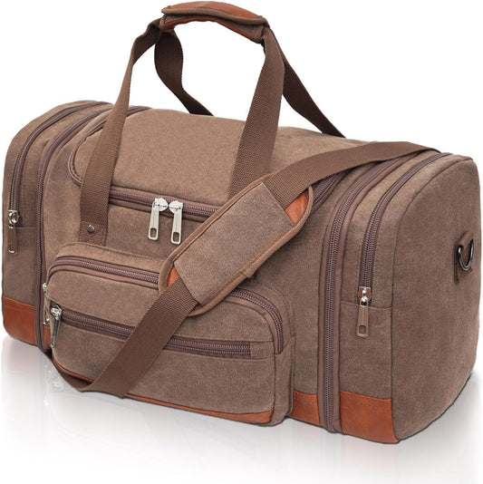 Men'S Duffle Bag For Travel, Expandable Canvas Duffel Bags Overnight Weekend Gym Carry On Luggage Bag For Men(Coffee)