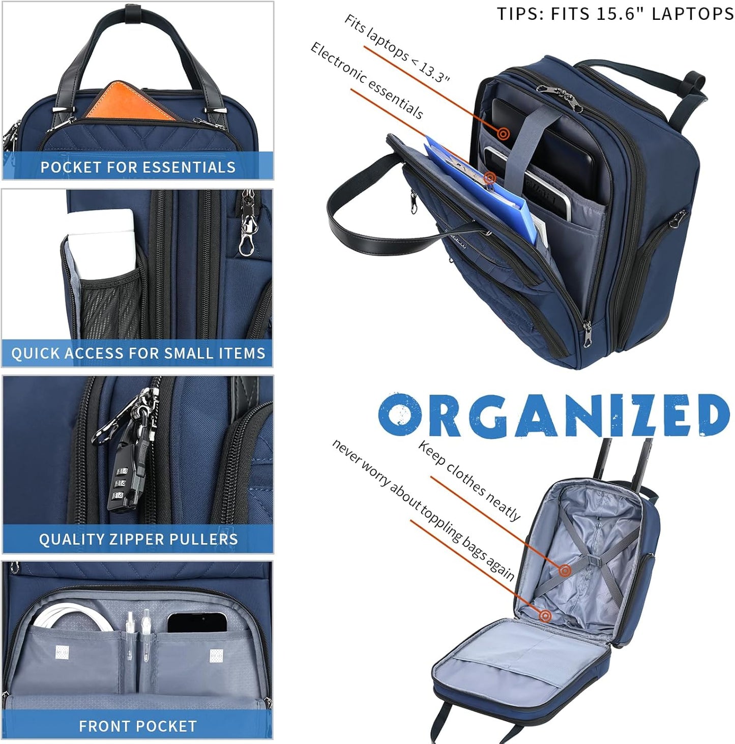 KROSER Carry On Underseat Multi-functional, 16-inch Underseater Lightweight Overnight Suitcase for Women, Navy