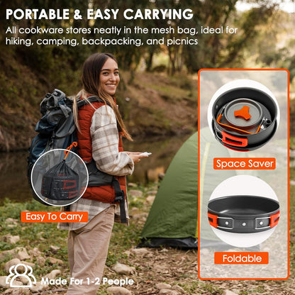 20Pcs Camping Cookware Mess Kit, Non-Stick Lightweight Camping Pots and Pans with 1.1L Kettle, 2 Set Stainless Steel Cups Plates Forks Knives Spoons for Backpacking, Hiking, Outdoor Cooking
