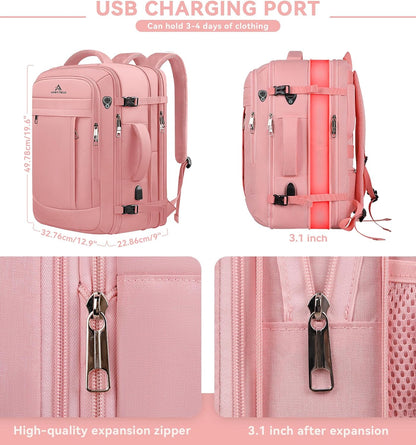 Travel Laptop Backpack for Women, 50L Expandable Extra Large Backpack,Carry On Backpack, Water Resistant Big Bag Anti-Theft Business Daypack Fits 17 Inch Laptop with USB Port, Pink