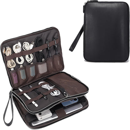 LANNSYNE Full Grain Leather Travel Cable Accessories Bag, Electronic Organizer Carry Case Double Layer Storage Case for Cables, Charger, Phone, Power Bank