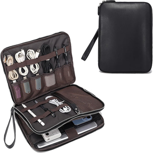 LANNSYNE Full Grain Leather Travel Cable Accessories Bag, Electronic Organizer Carry Case Double Layer Storage Case for Cables, Charger, Phone, Power Bank