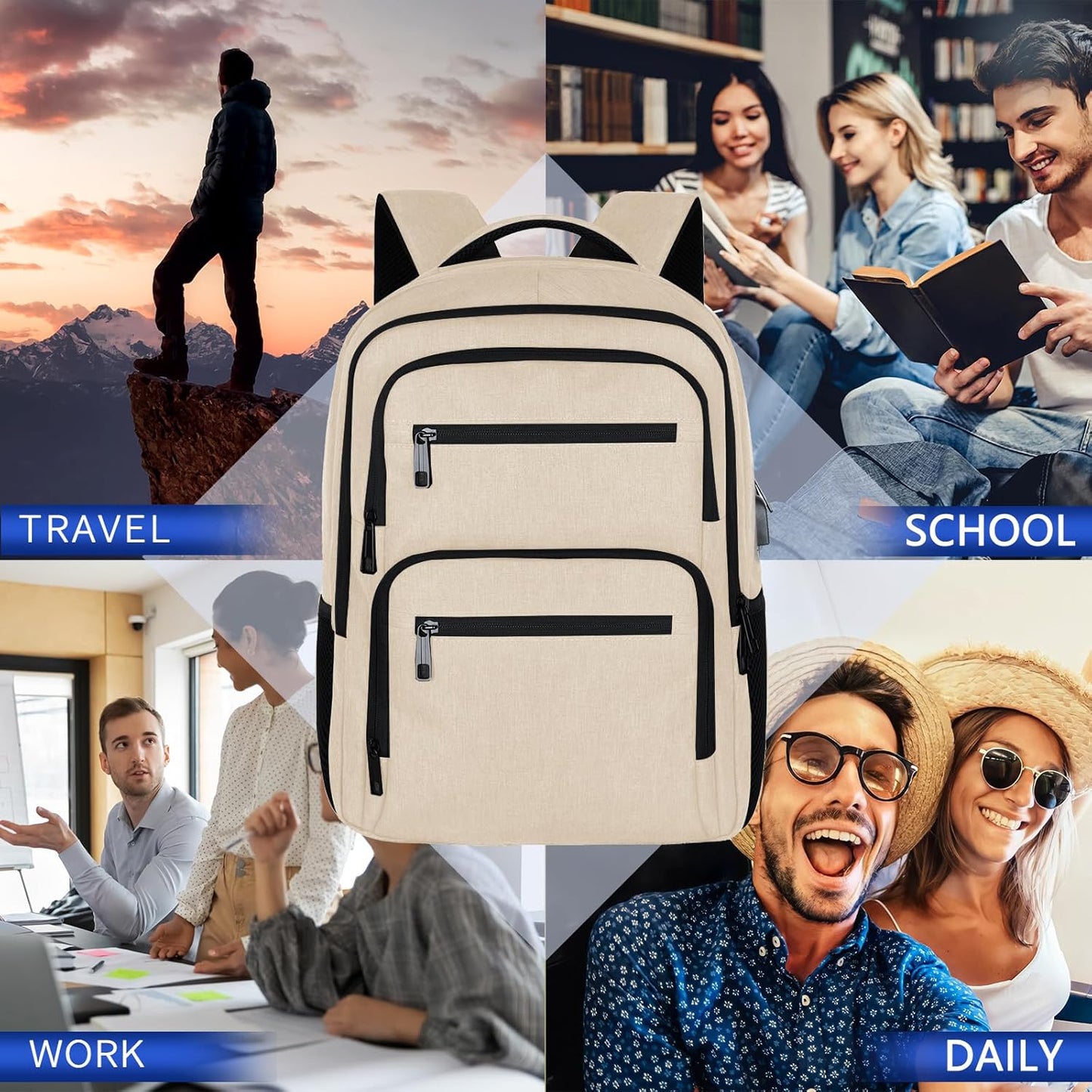 Backpck for Women, School backpacks for Girls Boys Teen, 15.6 inch Laptop Back Packs with USB Charger Port, Mochilas for Business, College, Beige