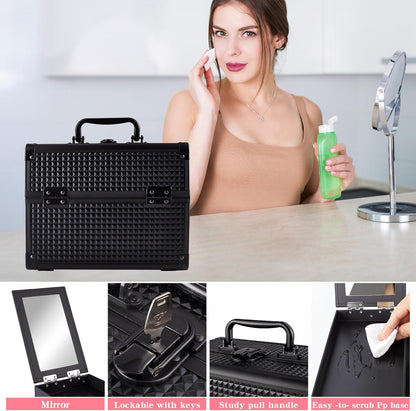 Makeup Train Case, Portable Makeup Case with Mirror, 2-Trays Cosmetic Organizer Case,Nail Polish Organizer, Travel Makeup Box, Profesional for Salon Barber, Black