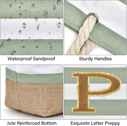 Becokan Beach Bag Initial Beach Tote with Makeup Bag for Travel Work Storage Personalized Birthday Gifts for Women Her