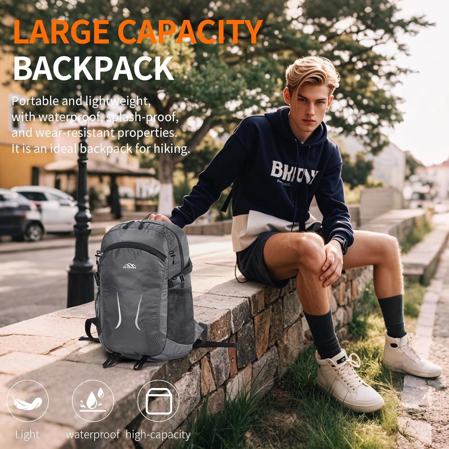 Hiking Daypack,30L Waterproof Hiking Backpack Packable Lightweight Travel Day Pack for Women Men (Grey, Large)