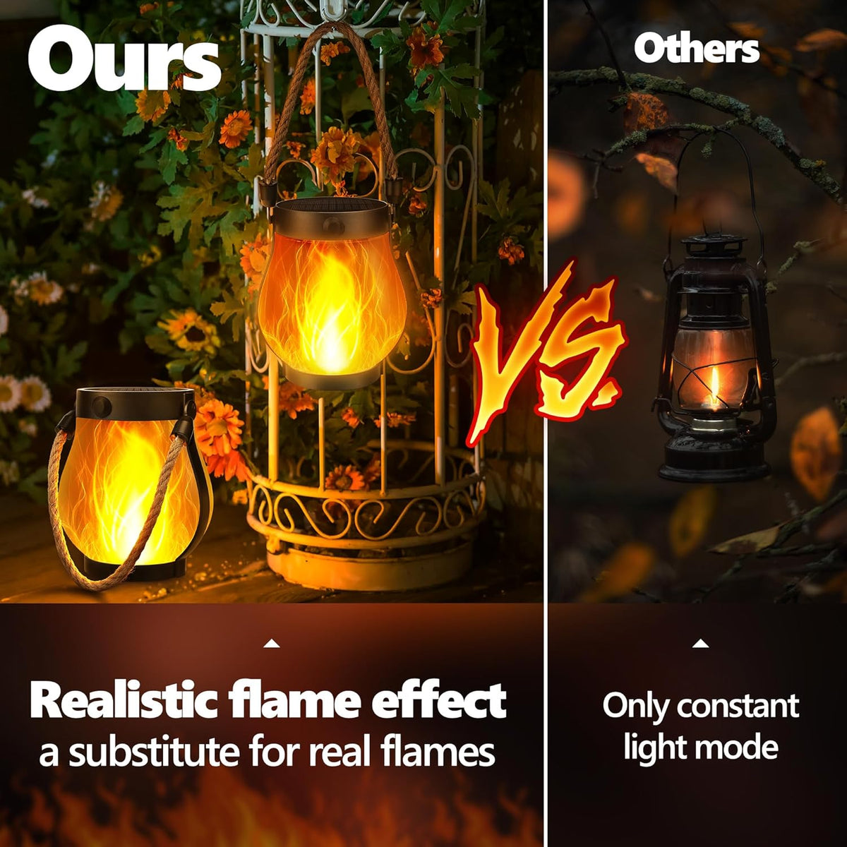 Solar Flame Lantern Hanging Outdoor Waterproof Purple - 2 Pack Flame Lanterns with Dual Charging Modes of Solar & USB for Garden or Yard Christmas Decorations (Warm White - 2 Pack)