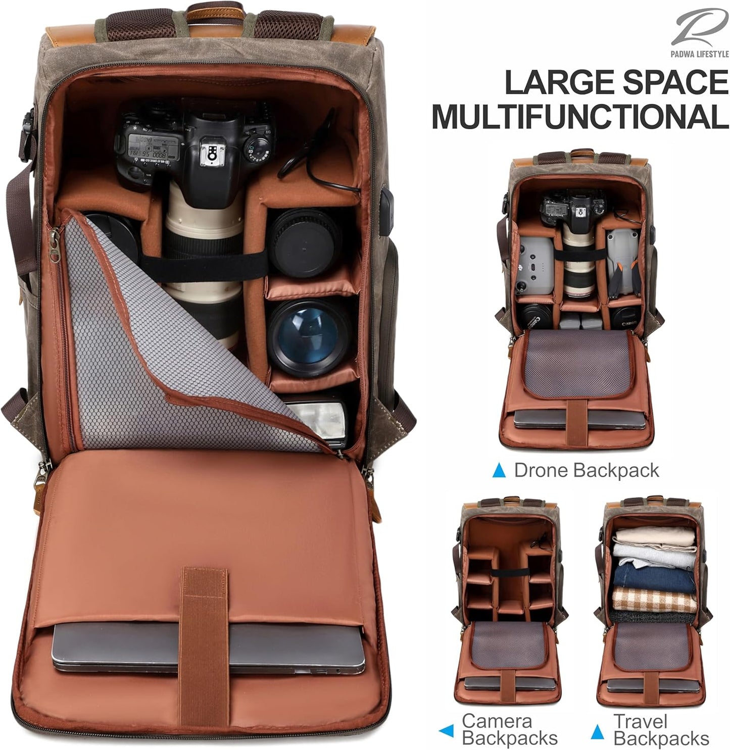 Padwa Lifestyle Coffee Camera Backpack - Weather Resistant Waxed Memory Canvas Camera Backpacks for Photographers,Multi DSLR SLR Camera Bag with 16” Laptop & Lens Compartment and Tripod Holder