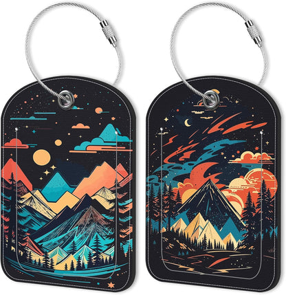 2 PCS Leather Luggage Tags for Suitcase Colorful Bright Mountain Travel Luggage Tag with Privacy Flap Name ID Label and Metal Loop for Travel Bag Suitcase