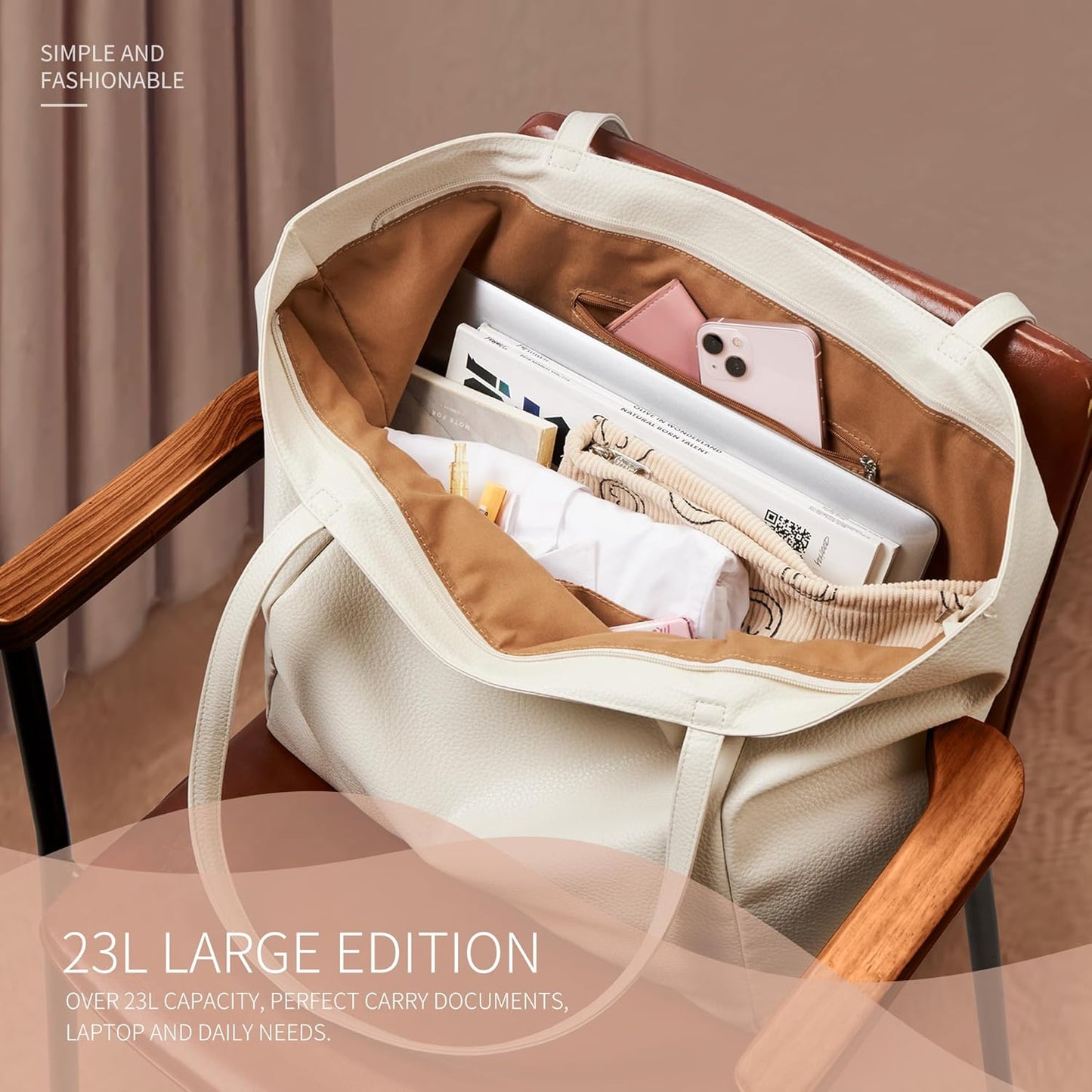 KALIDI Large Tote Bag Vegan Leather Casual Zipper Work Bag Weekender Hobo for Women 23L Oversize Shoulder Travel Purse