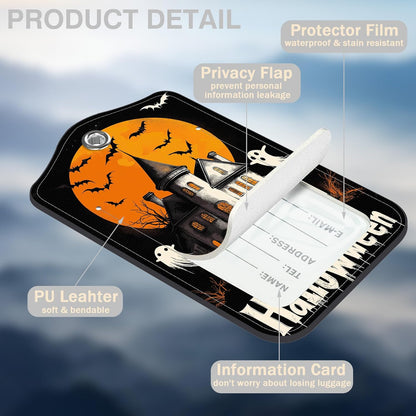 2 Pack Bat and Ghost Luggage Tags for Suitcases Happy Halloween Castle Leather Luggage Tags Privacy Cover ID Label with Stainless Steel Loop and Address Card for Women Men Travel Bag Backpack