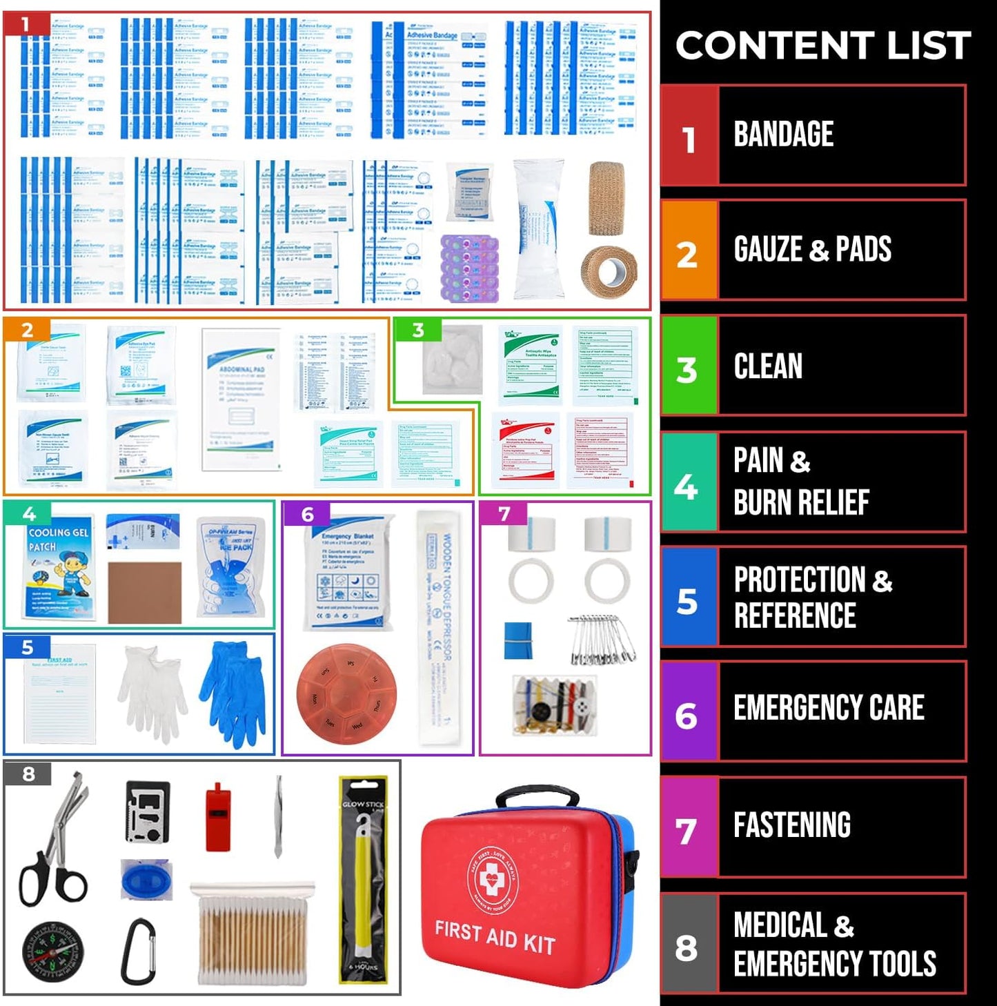Large First Aid Kit - 410 Piece Dual-Color Emergency Kit with Hard Shell & Fluorescent Interior Coating, Professional Survival Kit for Home, Car, Travel, Hiking & Outdoor(Red/Blue)
