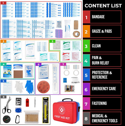 Large First Aid Kit - 410 Piece Dual-Color Emergency Kit with Hard Shell & Fluorescent Interior Coating, Professional Survival Kit for Home, Car, Travel, Hiking & Outdoor(Red/Blue)
