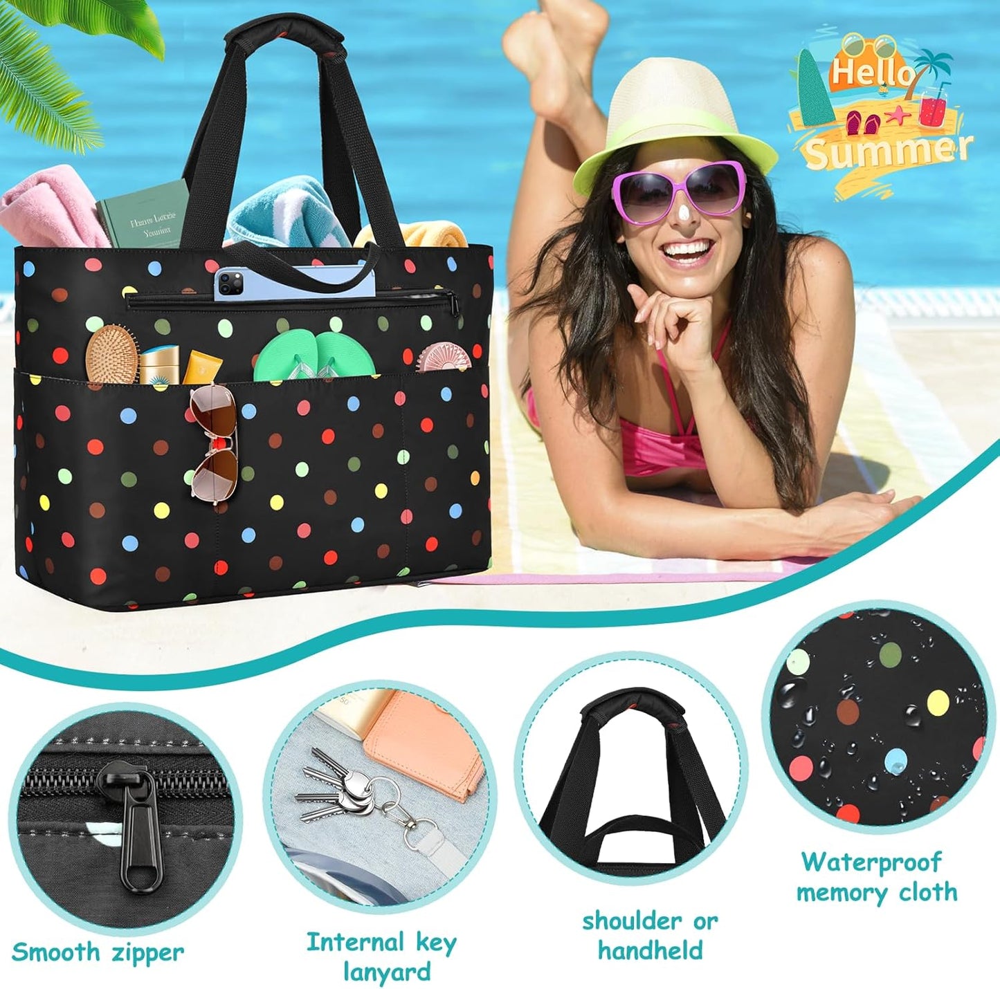 Extra Large Beach Bags for Women, Waterproof Sandproof Beach Tote Bag Zipper Foldable Swim Pool Bag with Wet Pocket