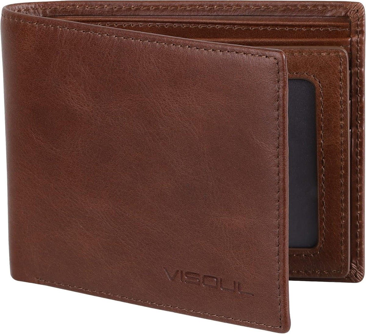 VISOUL Leather Wallets Bifold for Men with 2 ID Windwows, Men's Designer Card Holder Wallets with RFID Blocking (Brown)