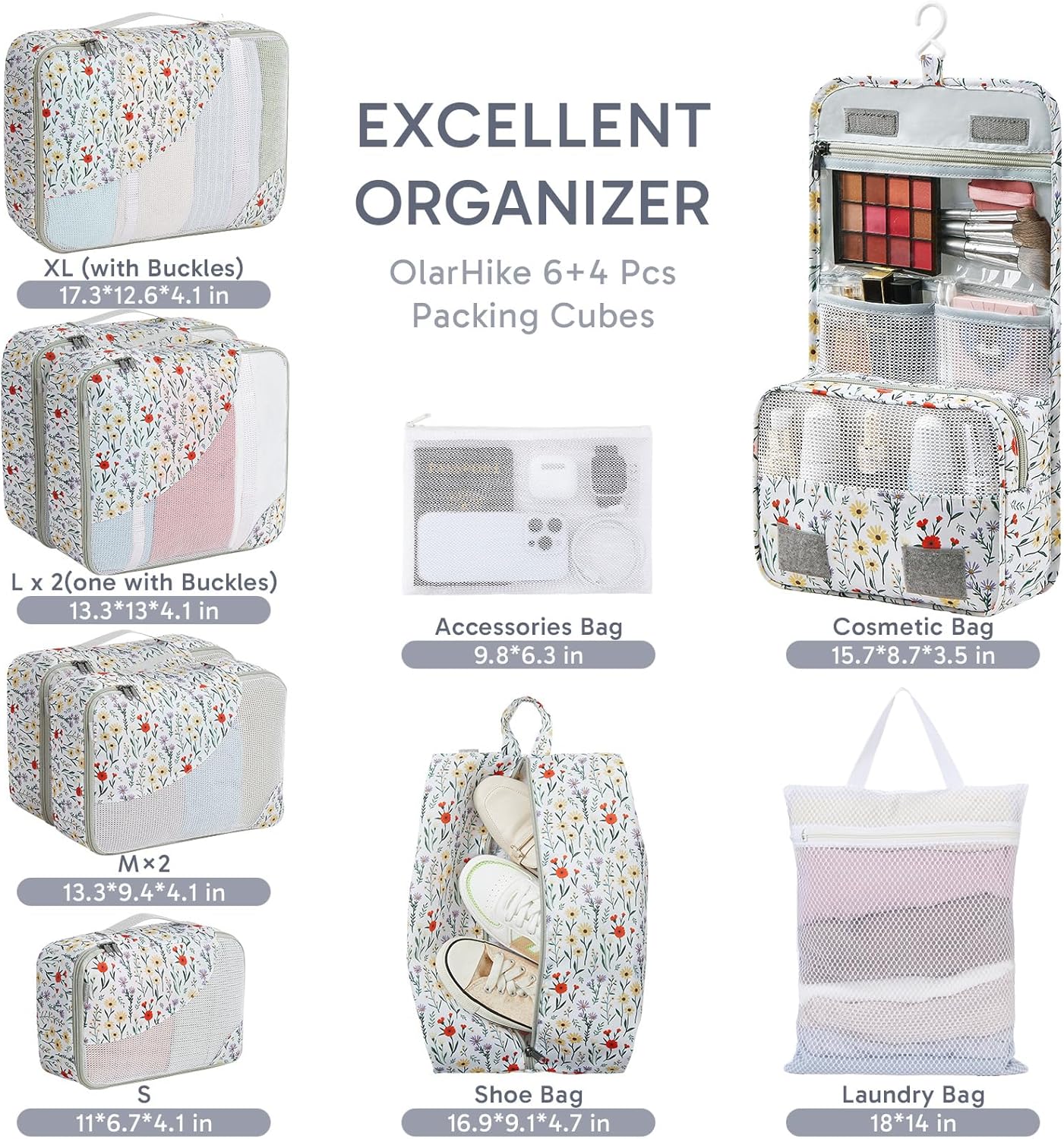 ALL INCLUDED 10 Set Durable Packing Cubes for Suitcases,OlarHike Essentials for Travel,UPGRADED Anti-Tear Stitching, NEW Improved Luggage Packing Organizers for Travel Accessories (Flower)