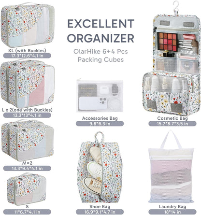 ALL INCLUDED 10 Set Durable Packing Cubes for Suitcases,OlarHike Essentials for Travel,UPGRADED Anti-Tear Stitching, NEW Improved Luggage Packing Organizers for Travel Accessories (Flower)