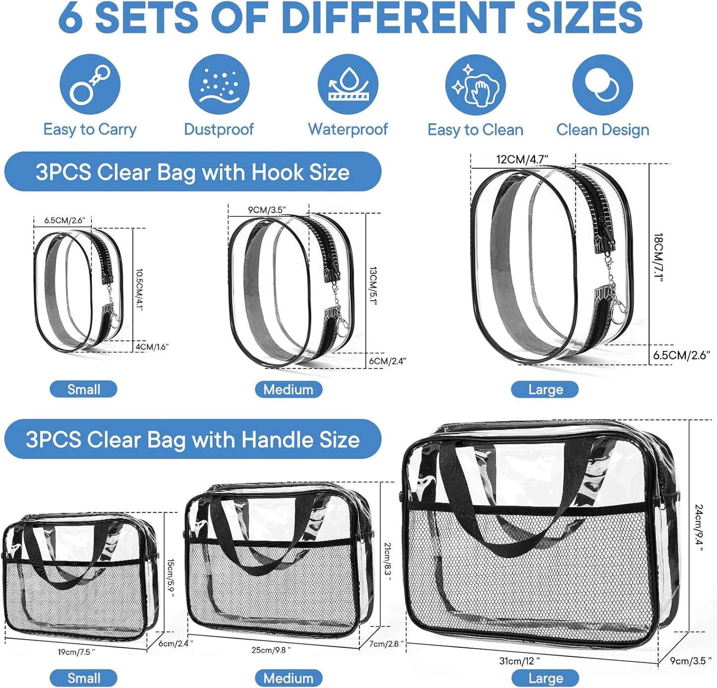 XEWEA Clear Travel Toiletry Bags & Small Electronic Accessories Organizer Case, 6 PCS TSA Approved Transparent Makeup Bag for Women Men, Waterproof PVC Quart Pouch with Zipper for Airline Essentials