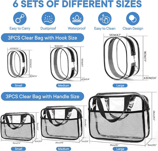 XEWEA Clear Travel Toiletry Bags & Small Electronic Accessories Organizer Case, 6 PCS TSA Approved Transparent Makeup Bag for Women Men, Waterproof PVC Quart Pouch with Zipper for Airline Essentials