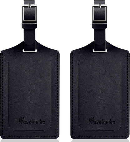 Travelambo Luggage Tags for Suitcases Faux Leather Privacy Protection 2 Pack Bag Tags Travel Accessories Essential, Black
