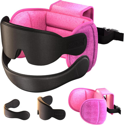Travel Pillow Combo with Chin Strap, Airplane Pillows with 3D Eye Mask for Sleeping, 360° Support Plane Head Strap for All Plane Seats, Long Flights Essentials, Stop Bobblehead, Pink