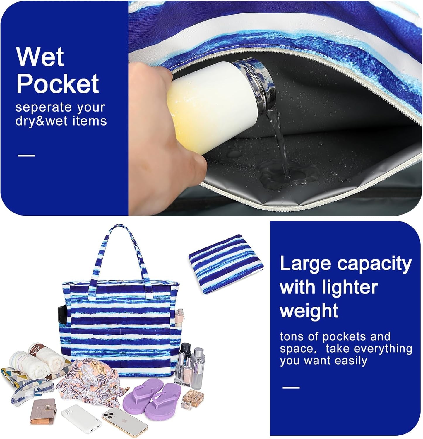 Waterproof Beach Tote Pool Bags for Women Ladies Extra Large Gym Tote Carry On Bag With Wet Compartment for Weekender Travel
