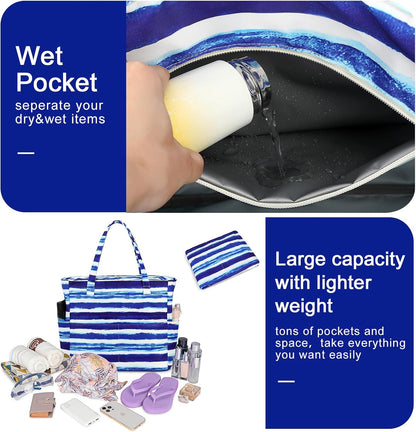Waterproof Beach Tote Pool Bags for Women Ladies Extra Large Gym Tote Carry On Bag With Wet Compartment for Weekender Travel