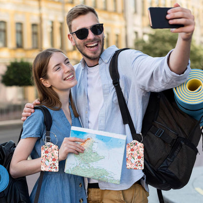 2 Pack Floral Luggage Tag for Suitcase, Pink Luggage Tags PU Leather Suitcase Tags Identifiers Stainless Steel Loop ID Bag Tags Card Baggage Bag Label