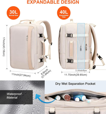 PIJUSHI Travel Backpack for Women Expandable Carry on Luggage Backpack Airline Approved Personal Item Laptop Bag(PE034 Classic Beige)