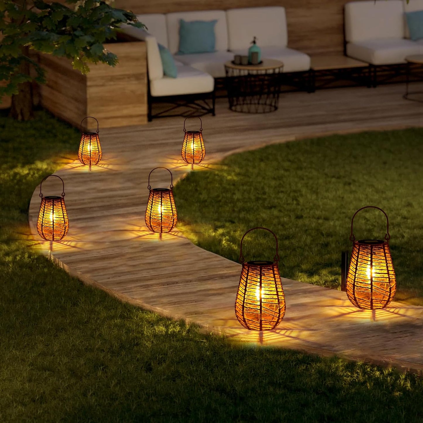 HPC Decor 2 PK Solar Lanterns - Outdoor Waterproof, Hemp Rope Solar Lights,Hanging Solar Lanterns Outdoor,Solar Lamp Lights,Decoration for Garden, Patio, Porch, Trees, Pathway,Outside.