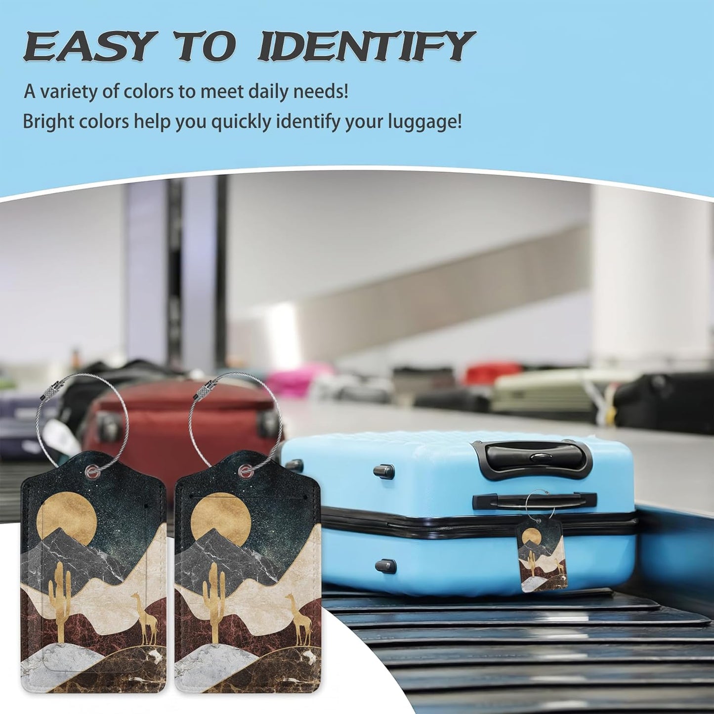 3 Pack Luggage Tag for Suitcase,Abstract Golden Mountain Leather Luggage Tags with Privacy Cover Name ID Label Identifiers Travel Bag Tags for Women Men Boys Girls
