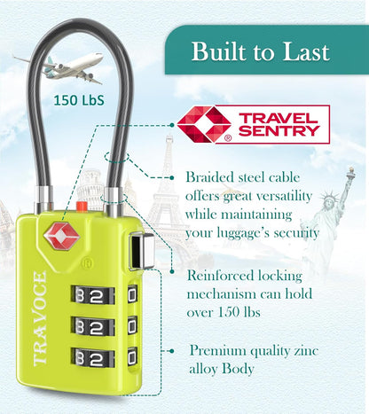 Search Alert TSA Approved Travel Combination Luggage Cable Locks for Suitcase, Gym Locker,Toolbox,Backpack 1,2,4,6 &10 pk (Lime 4 Pack)
