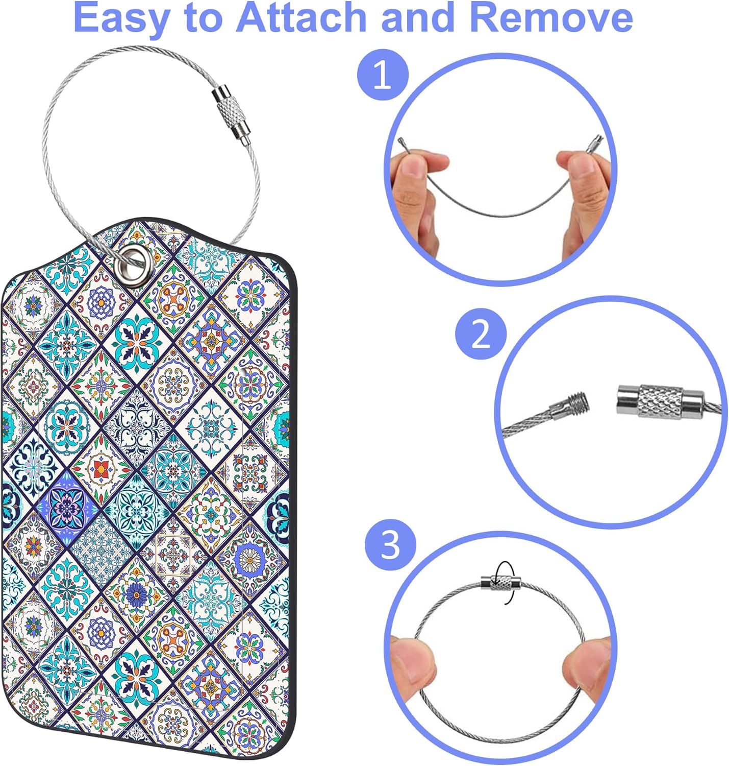 2 Pack Luggage Tags Colorful Moroccan Portuguese Tiles PU Leather Baggage Tag with Privacy Cover Stainless Steel Loop and Name ID Card for Men Women Travel Bag Luggage Accessories