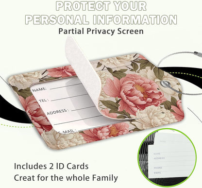 2 Pcs Peony Pink Flowers Retro Luggage Tags,Cruise Luggage Tag with Privacy Flap,Name Id Label and Steel Loop for Women Men Travel Bag Suitcase