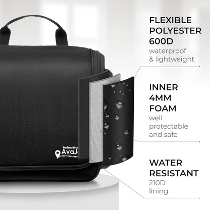 AvaJex Large Hanging Toiletry Organizer - Waterproof Hygiene Bag with Metal XXL Swivel Hook, Sturdy Zippers and 15 Compartments for Toiletries, Makeup, Cosmetics