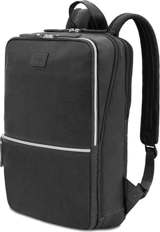 LEATHER VILLAGE Leather Laptop Backpack for Men |Black | Slim Professional Business Bag Fits 15.6”-Laptop | Water-Repellent Work & Travel Daypack with Trolley Strap