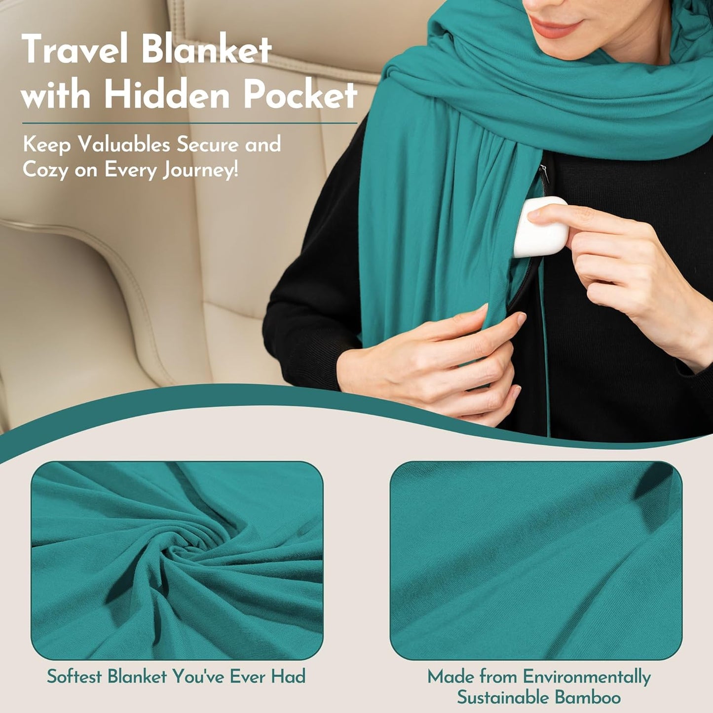 16-in-1 Compact Travel Blanket with Bag – Reversible, Ultra Soft Bamboo Airplane Blanket with Hidden Pocket - Lightweight & Packable for Flights, Camping, Picnic, Travel Essentials